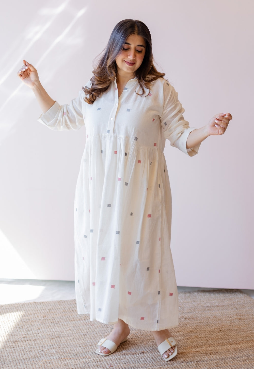 Rhea Off White Jamdani Handloom Cotton A Line Dress