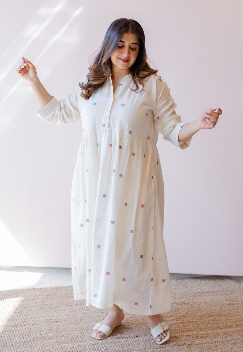 Rhea Off White Jamdani Handloom Cotton A Line Dress