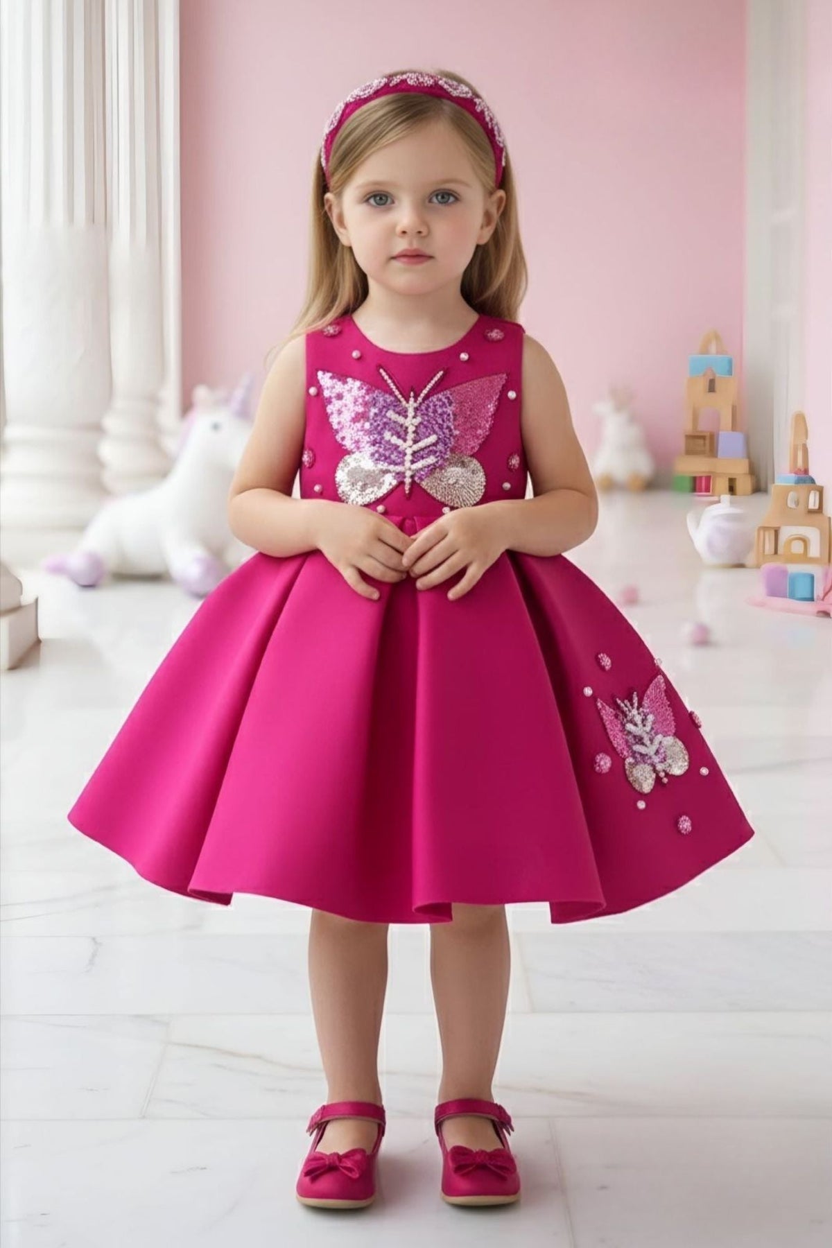 Baby Girls Rani Pink Butterfly Sequin Appliqué Party Wear Frock