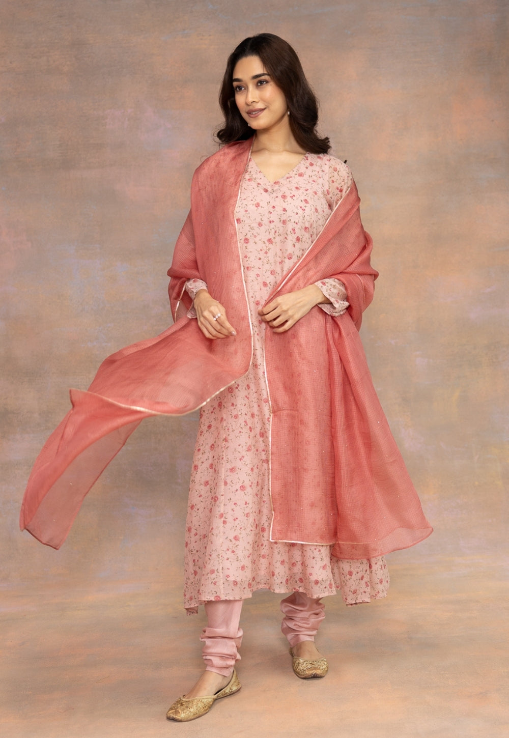Rose Pink Sanganeri Chanderi Silk Kali Kurta with Hand Embroidery
