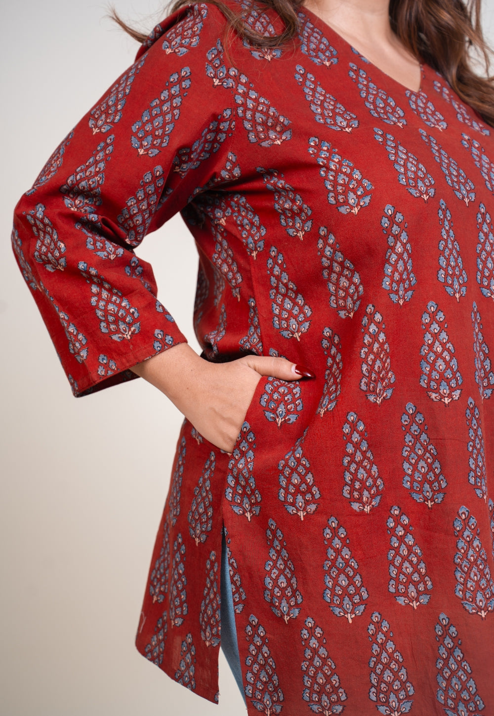 Sahar Red Ajrakh Cotton Straight Short Top