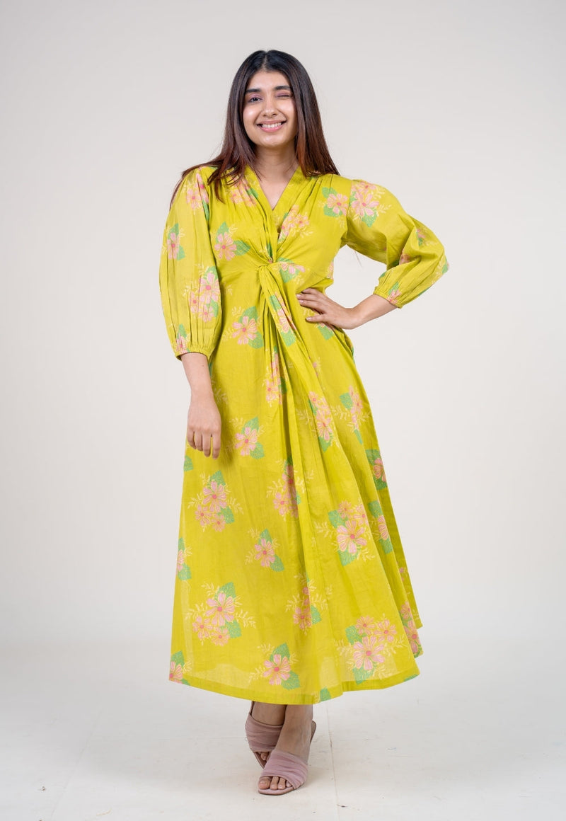 Payal Lime Green Printed Mul A Line Dress with Slip