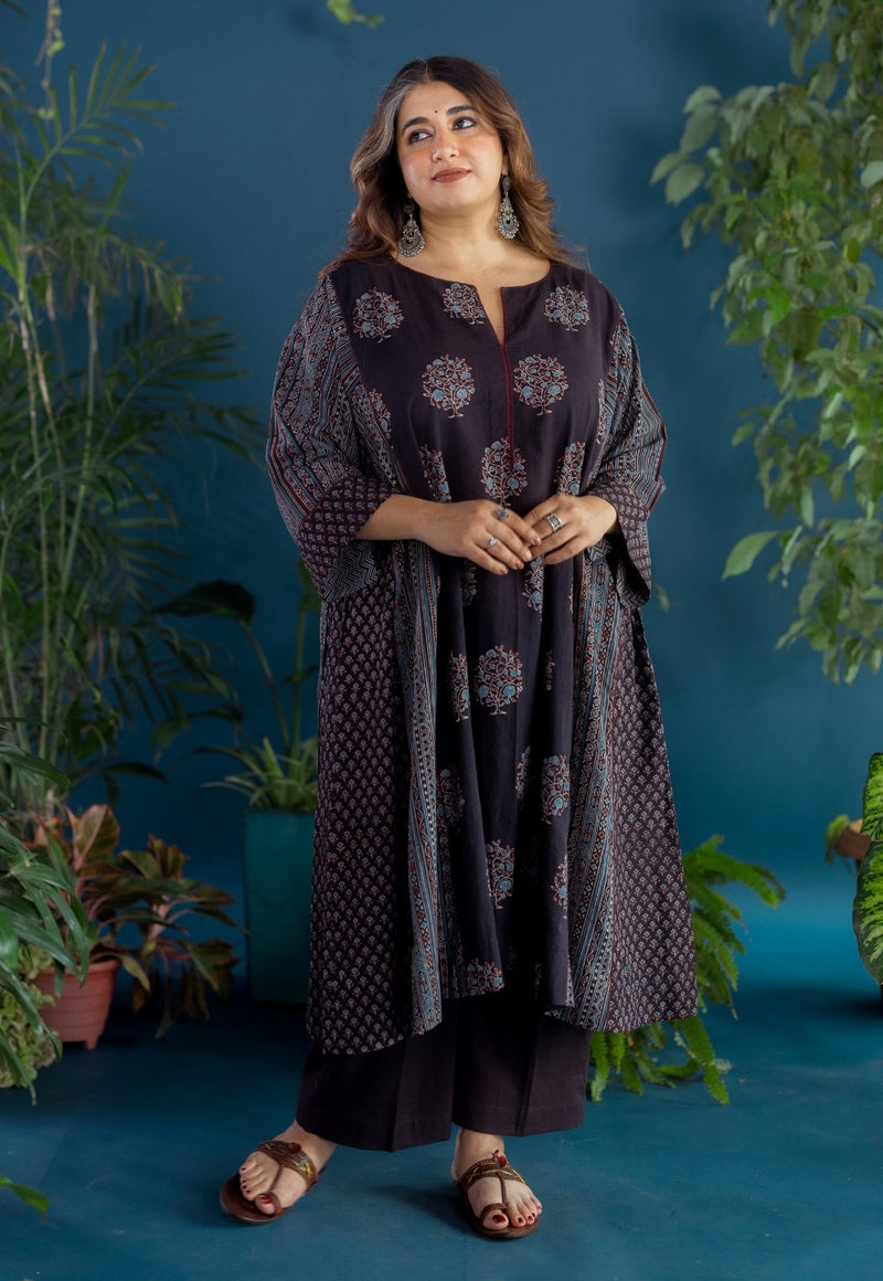 Garima Black Ajrakh Cotton Jhabbha Kali Kurta with Hand Embroidery