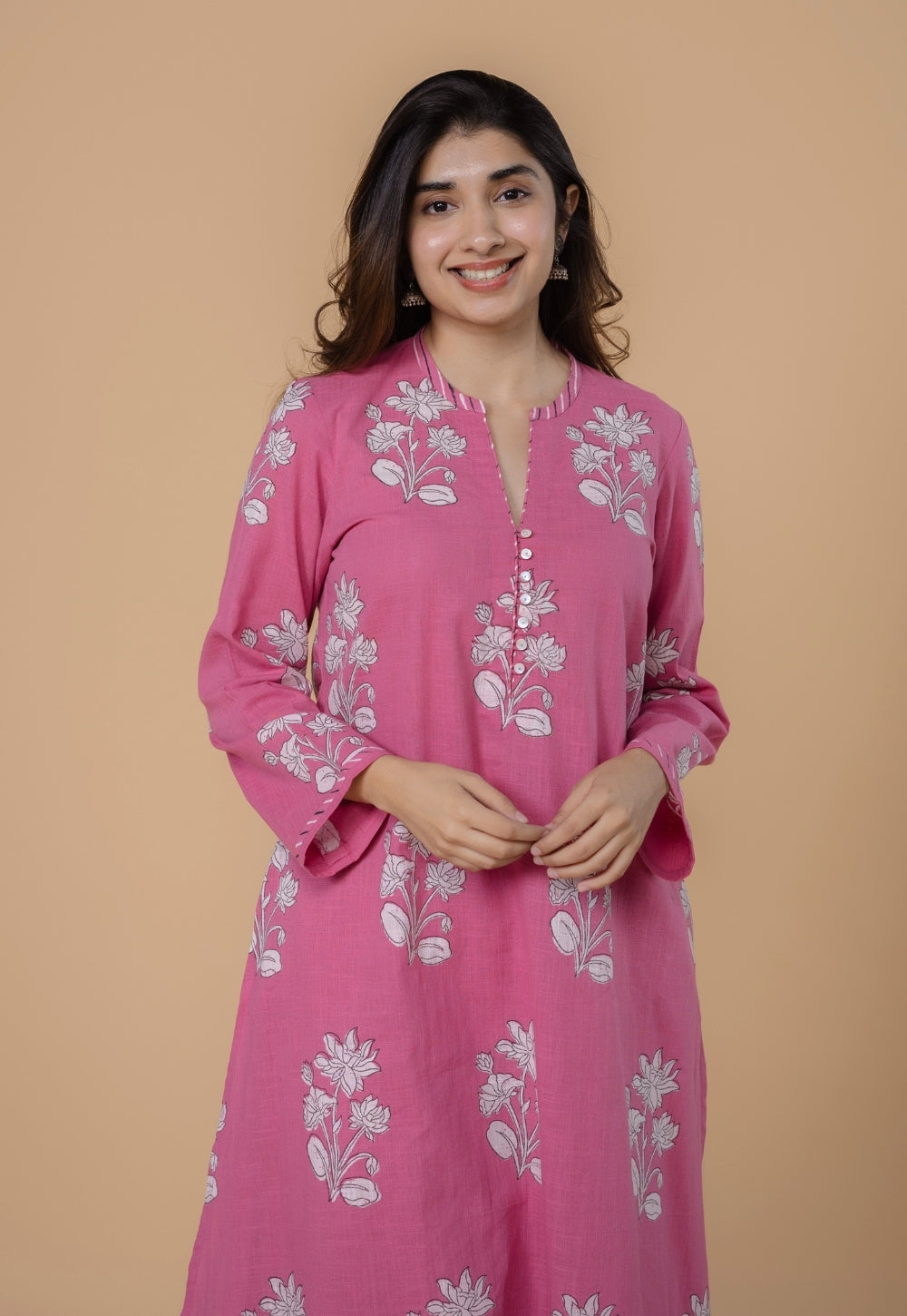 Eshika Pink Dabu Slub Cotton A Line Kurta