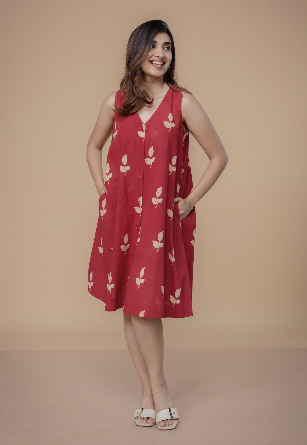 Siaa Red Dabu Slub Cotton A Line Dress