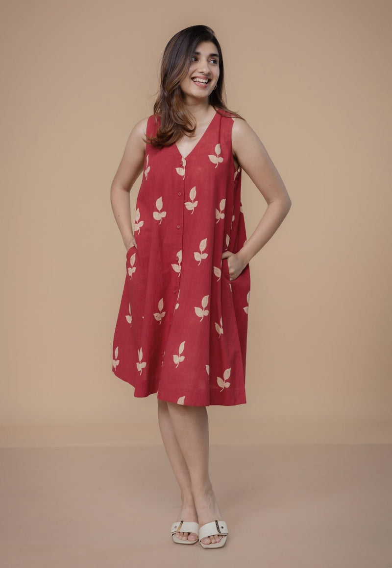 Siaa Red Dabu Slub Cotton A Line Dress