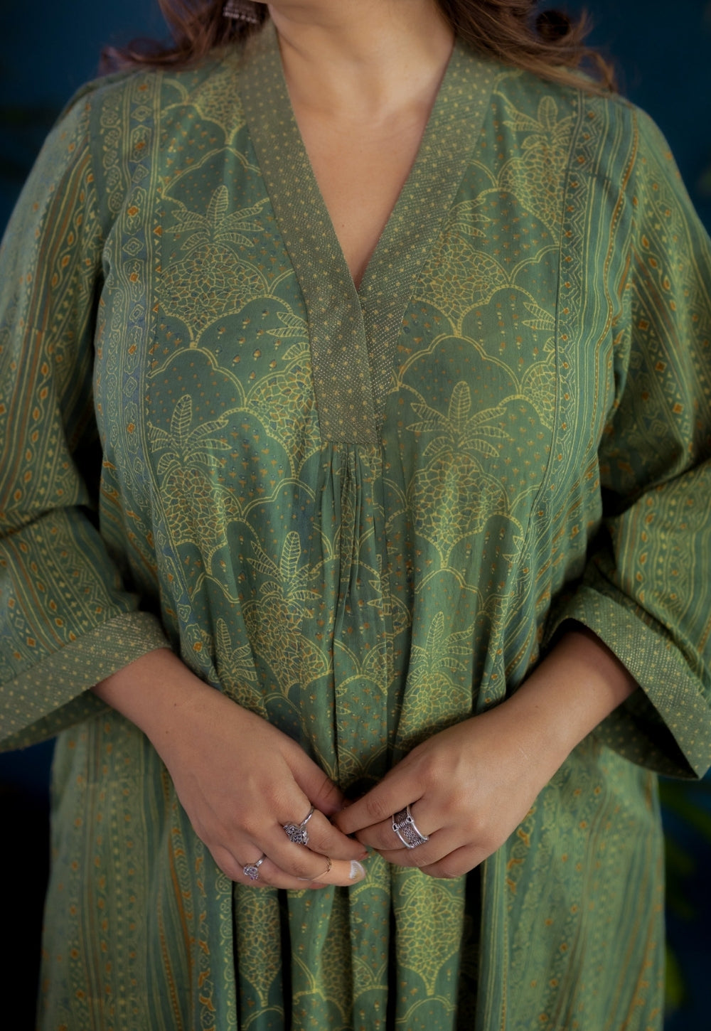 Ketki Green Ajrakh Cotton Kali Kurta
