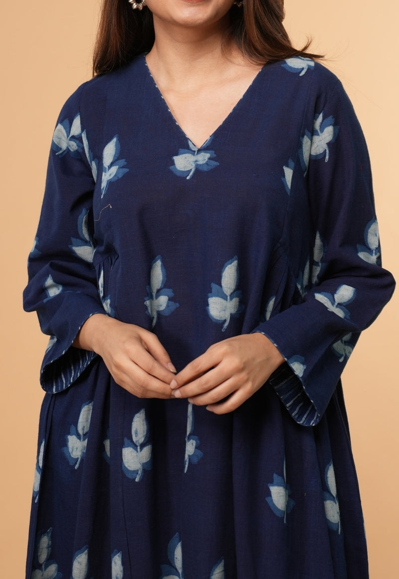 Inayra Blue Dabu Slub Cotton Kali Kurta