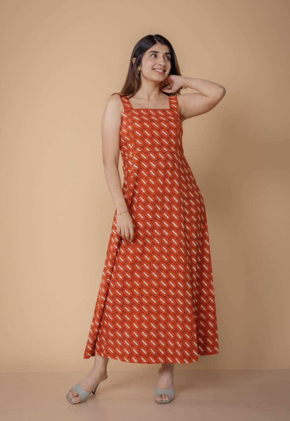 Shanaya Orange Dabu Slub Cotton A Line Dress
