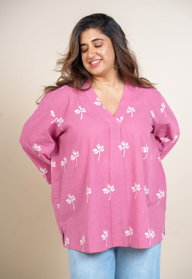 Aazaya Pink Dabu Slub Cotton A Line Short Top