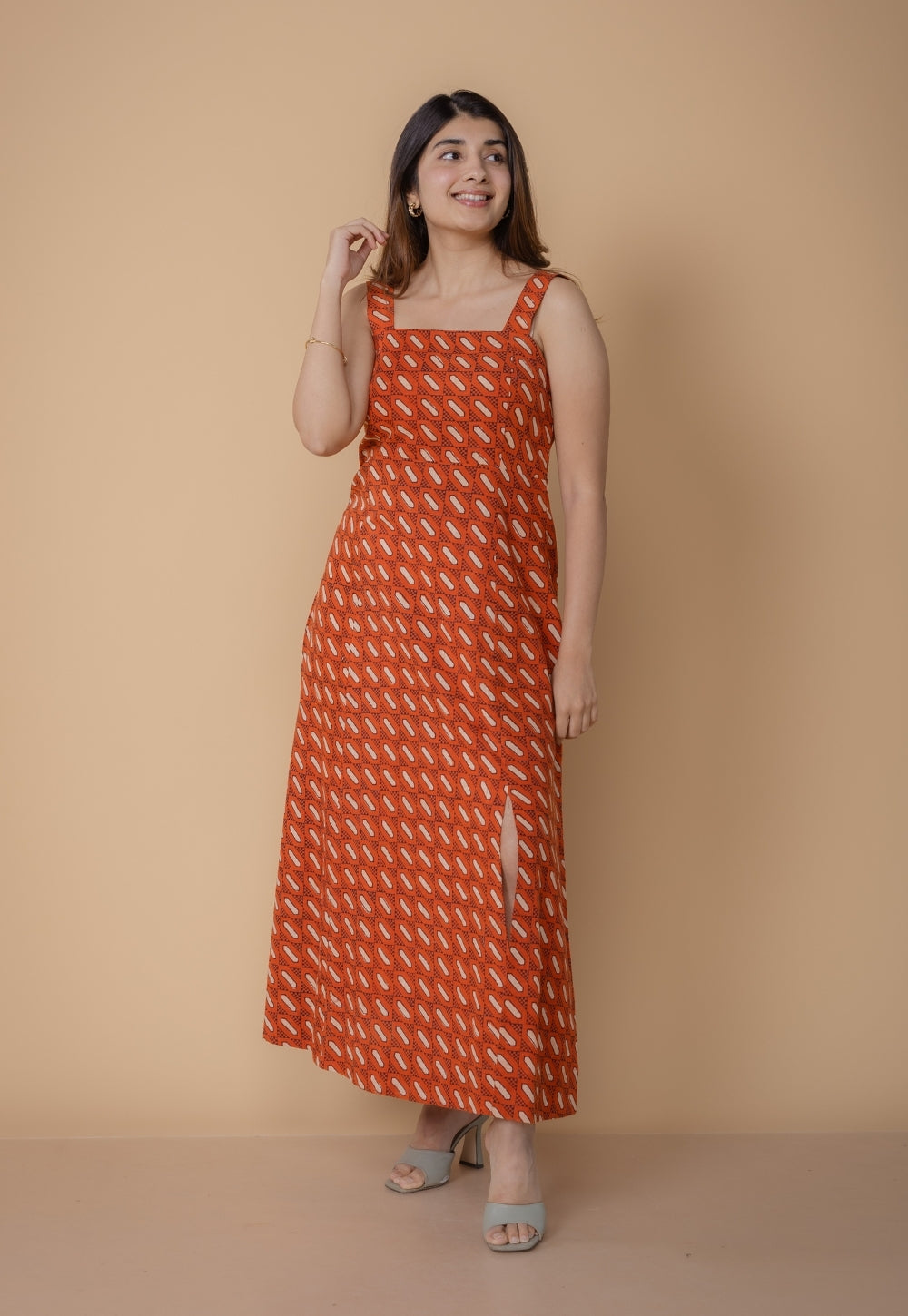 Shanaya Orange Dabu Slub Cotton A Line Dress