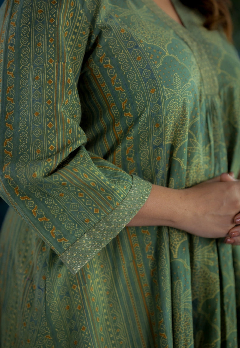 Ketki Green Ajrakh Cotton Kali Kurta