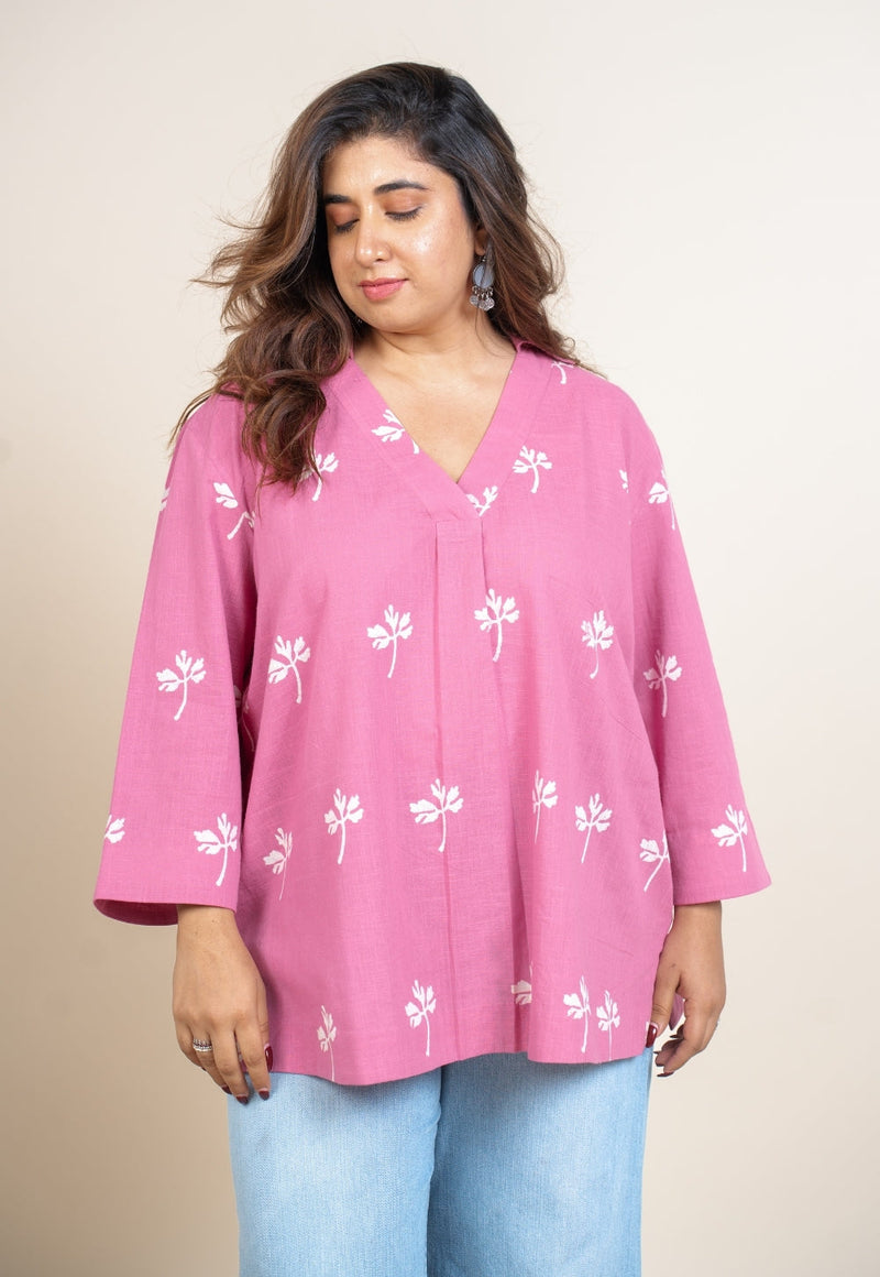 Aazaya Pink Dabu Slub Cotton A Line Short Top