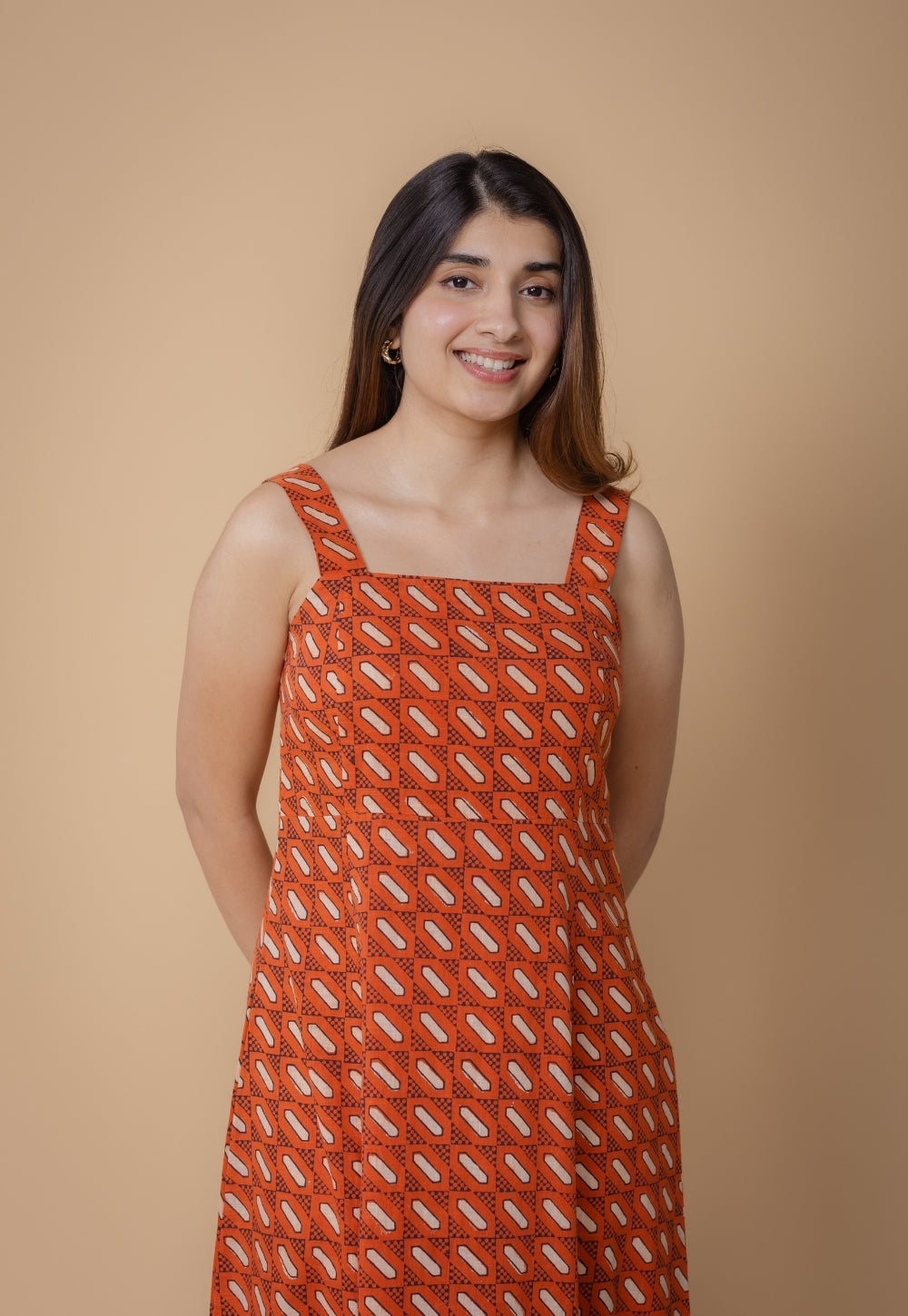 Shanaya Orange Dabu Slub Cotton A Line Dress