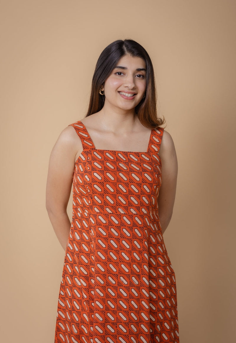 Shanaya Orange Dabu Slub Cotton A Line Dress