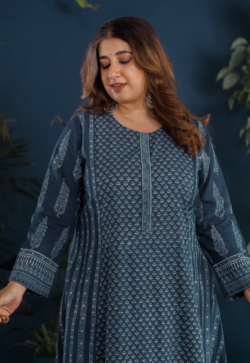Hitika Blue Ajrakh Cotton Kali Kurta