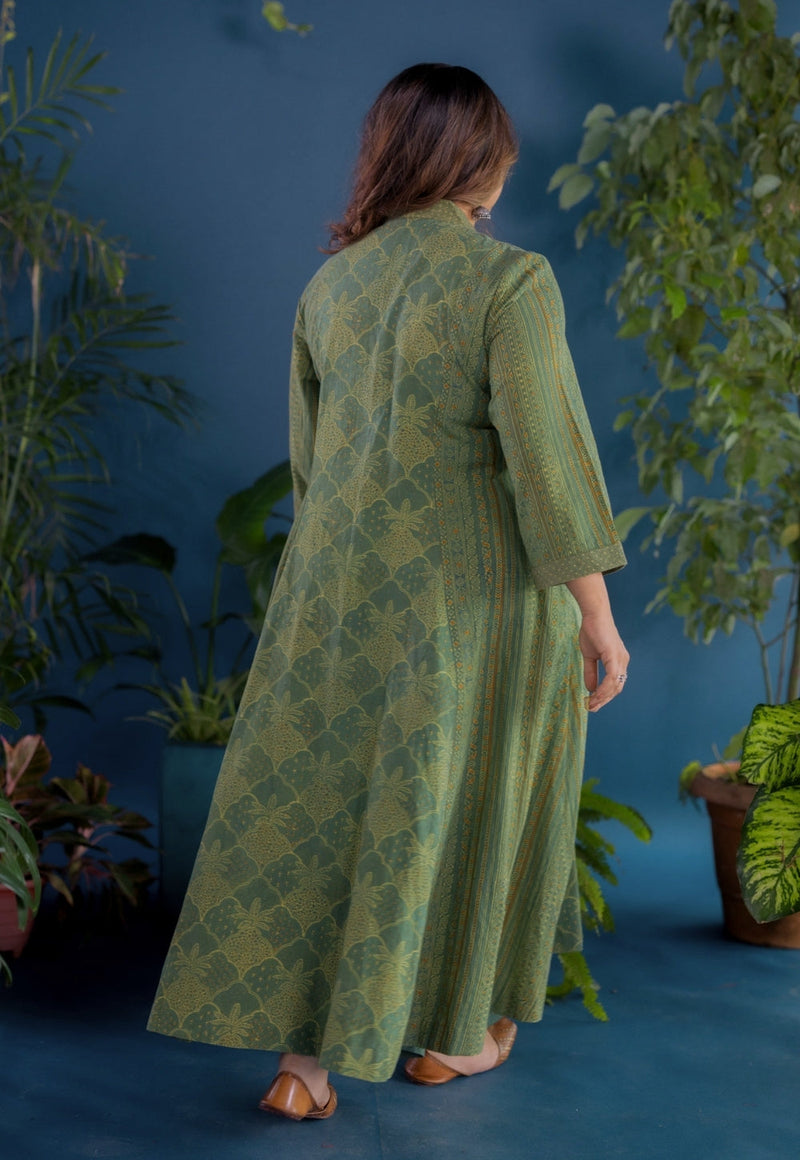 Ketki Green Ajrakh Cotton Kali Kurta