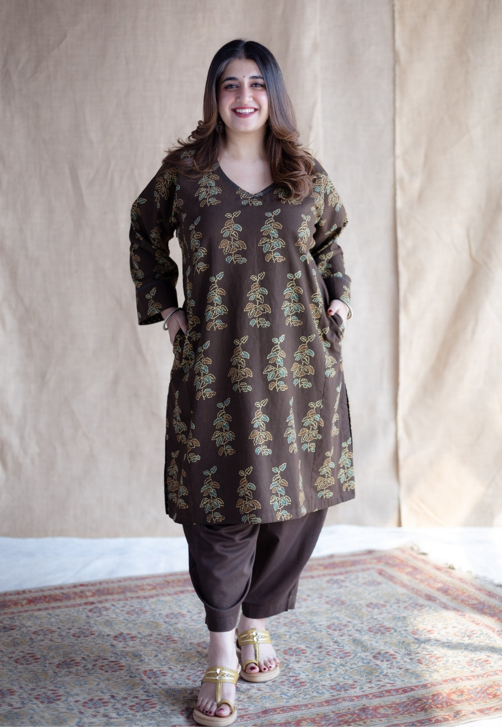 Saisha Brown Ajrakh Cotton Jhabbha Kali Kurta with Hand Embroidery
