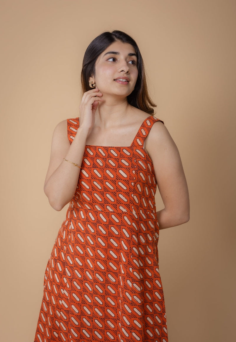 Shanaya Orange Dabu Slub Cotton A Line Dress