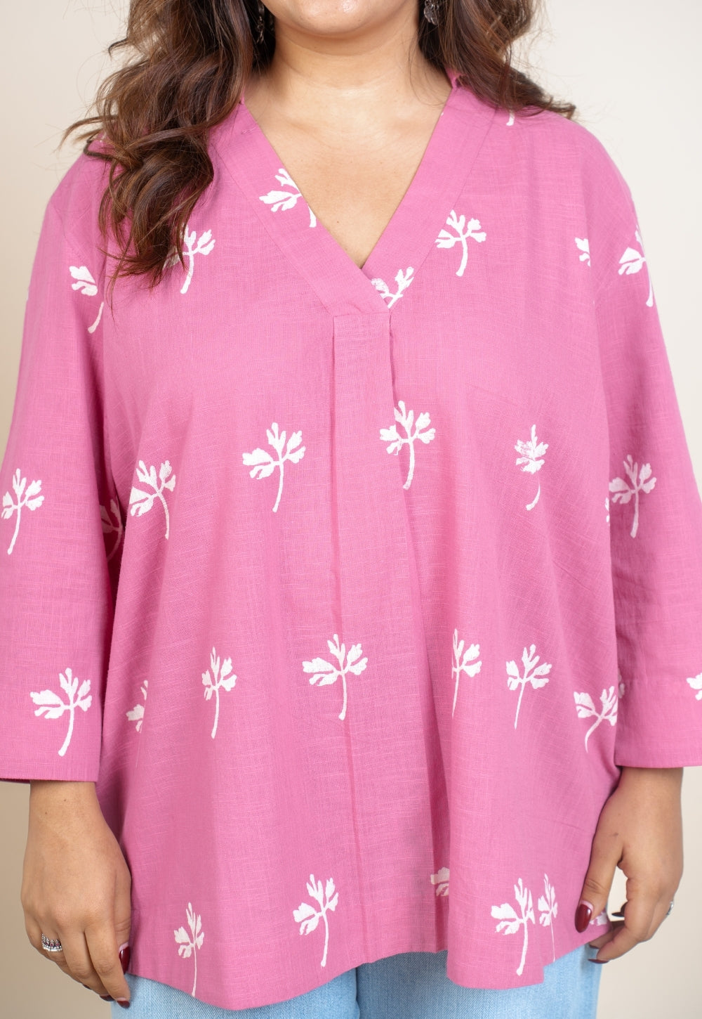 Aazaya Pink Dabu Slub Cotton A Line Short Top