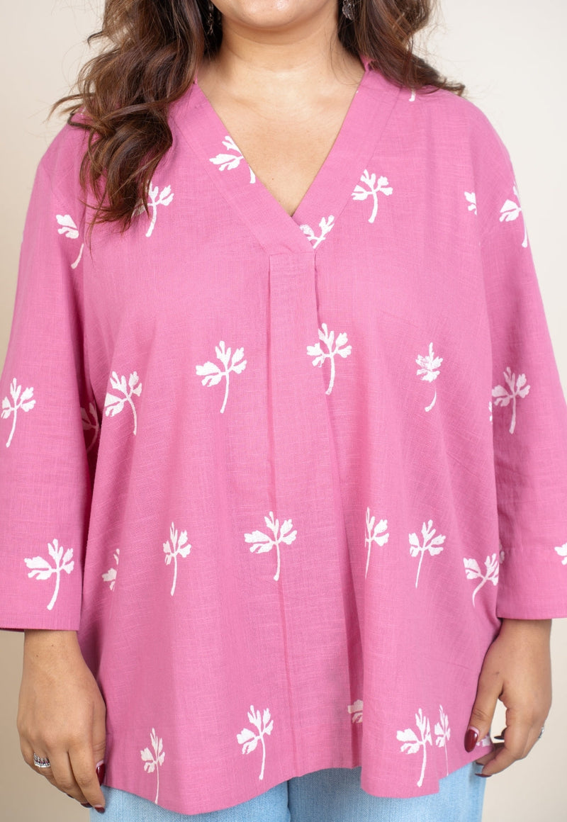 Aazaya Pink Dabu Slub Cotton A Line Short Top
