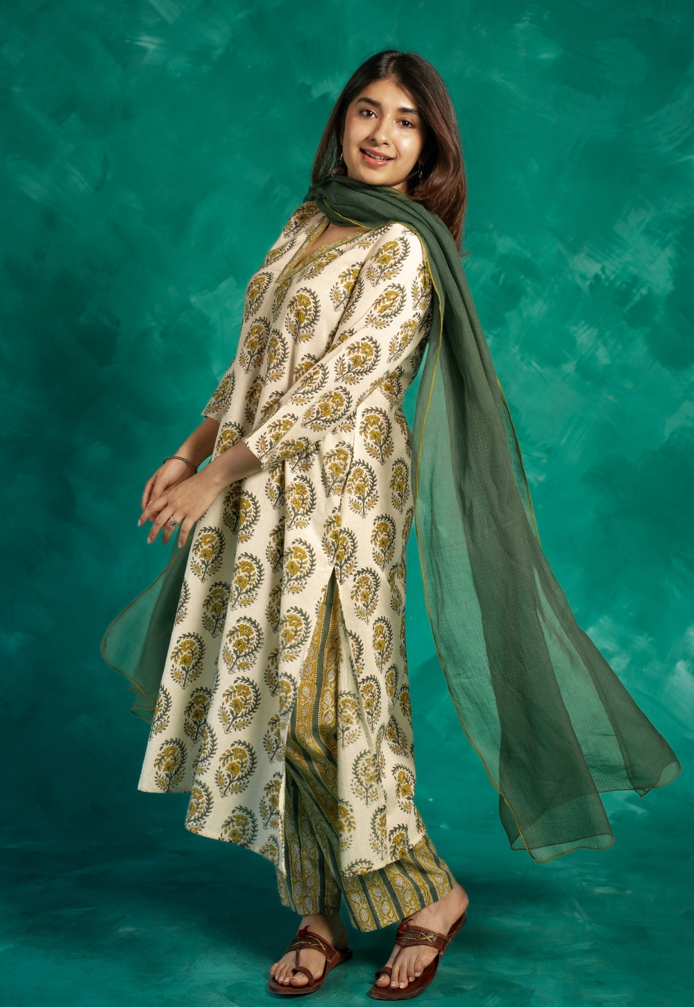 Vinita Yellow Bagru Cotton A Line Kurta