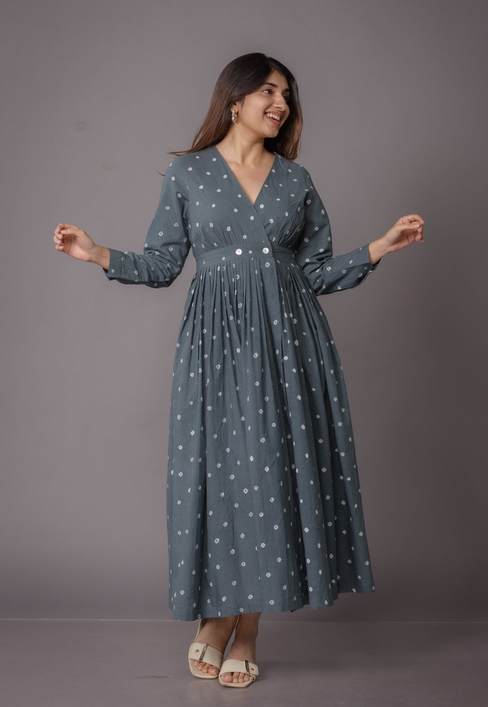 Kimaya Grey Bandhani Cotton A Line Dress