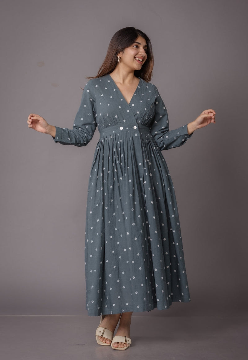 Kimaya Grey Bandhani Cotton A Line Dress