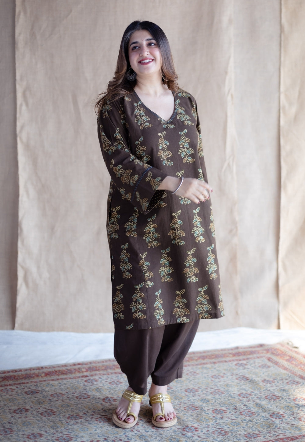 Saisha Brown Ajrakh Cotton Jhabbha Kali Kurta with Hand Embroidery