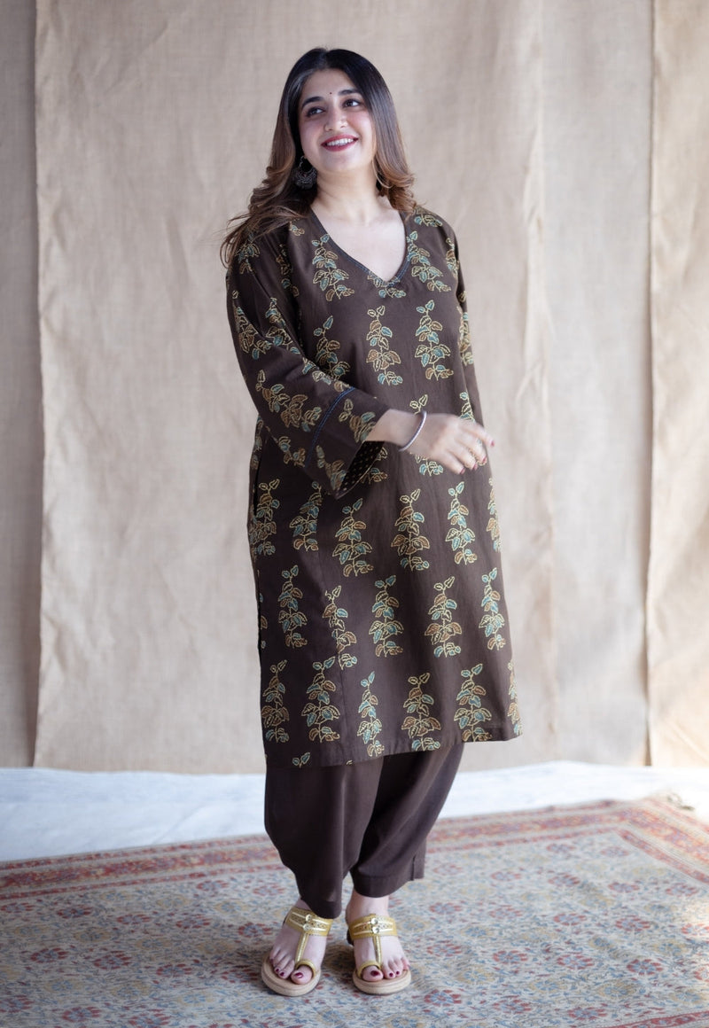 Saisha Brown Ajrakh Cotton Jhabbha Kali Kurta with Hand Embroidery