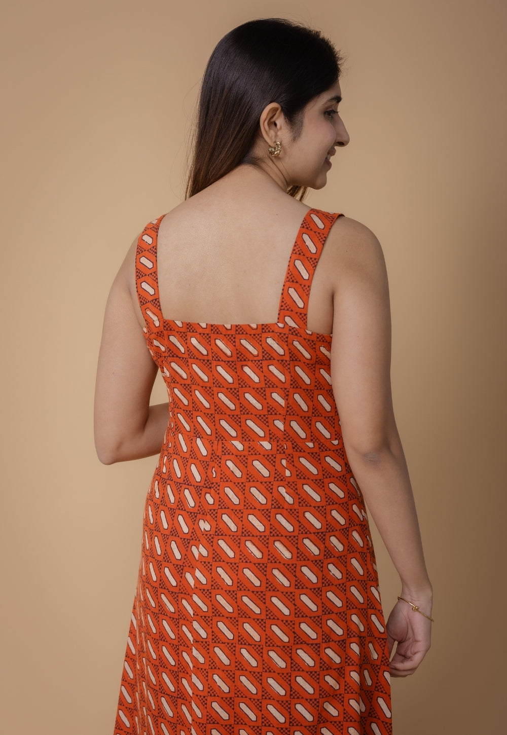 Shanaya Orange Dabu Slub Cotton A Line Dress