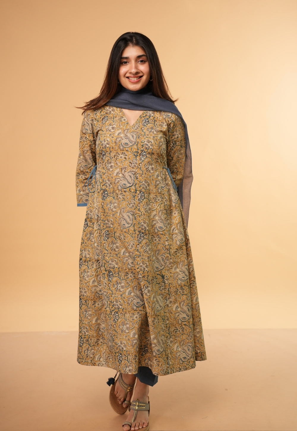 Gazala Yellow Kalamkari Cotton Kali Kurta