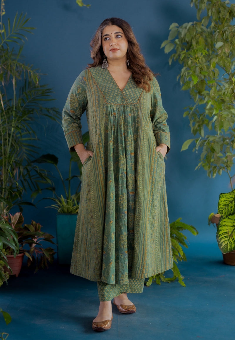 Vrinda Green Ajrakh Cotton Kali Kurta