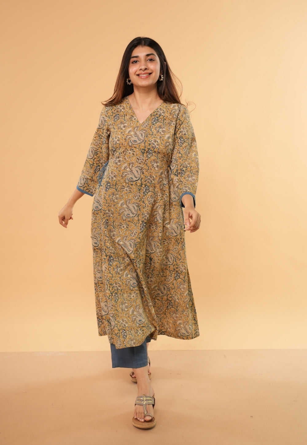Gazala Yellow Kalamkari Cotton Kali Kurta