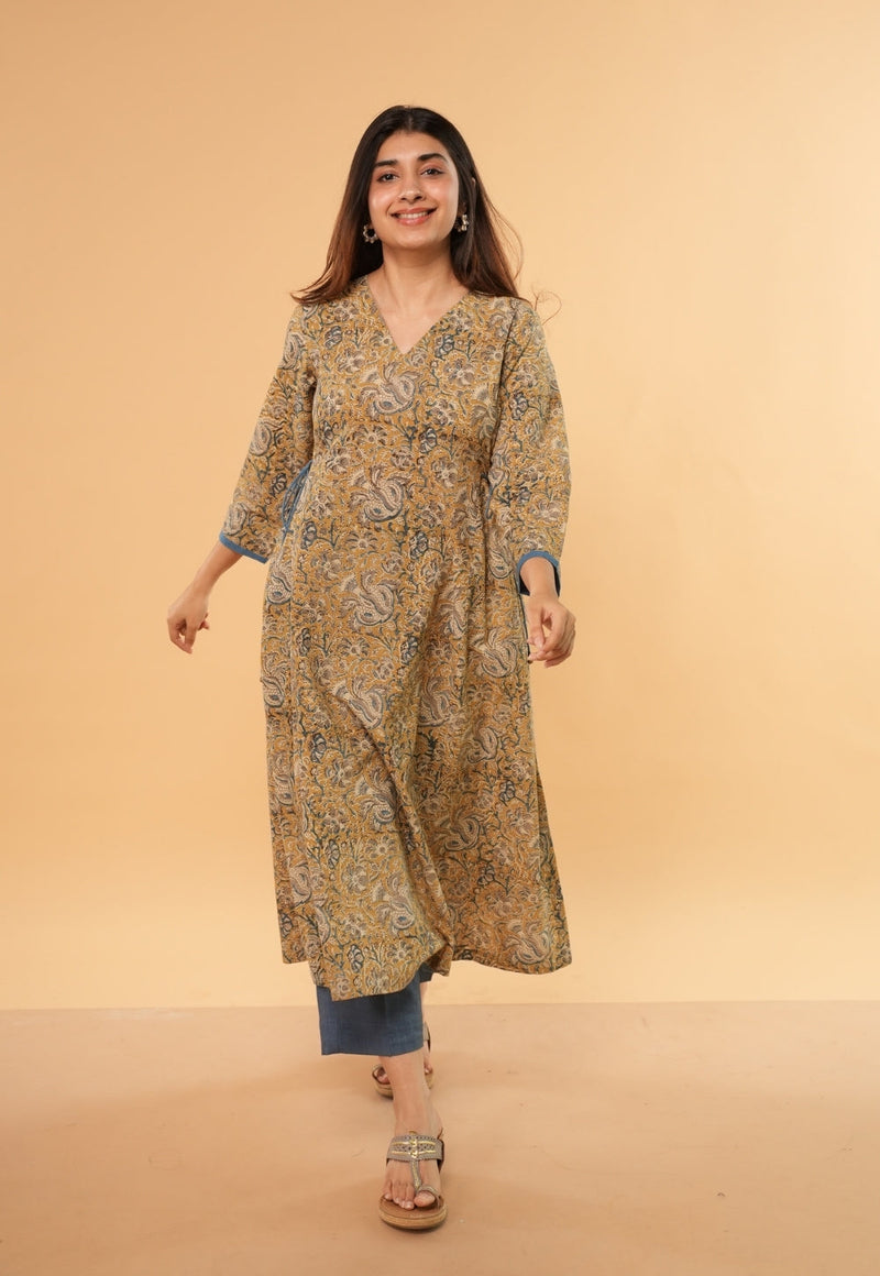 Gazala Yellow Kalamkari Cotton Kali Kurta