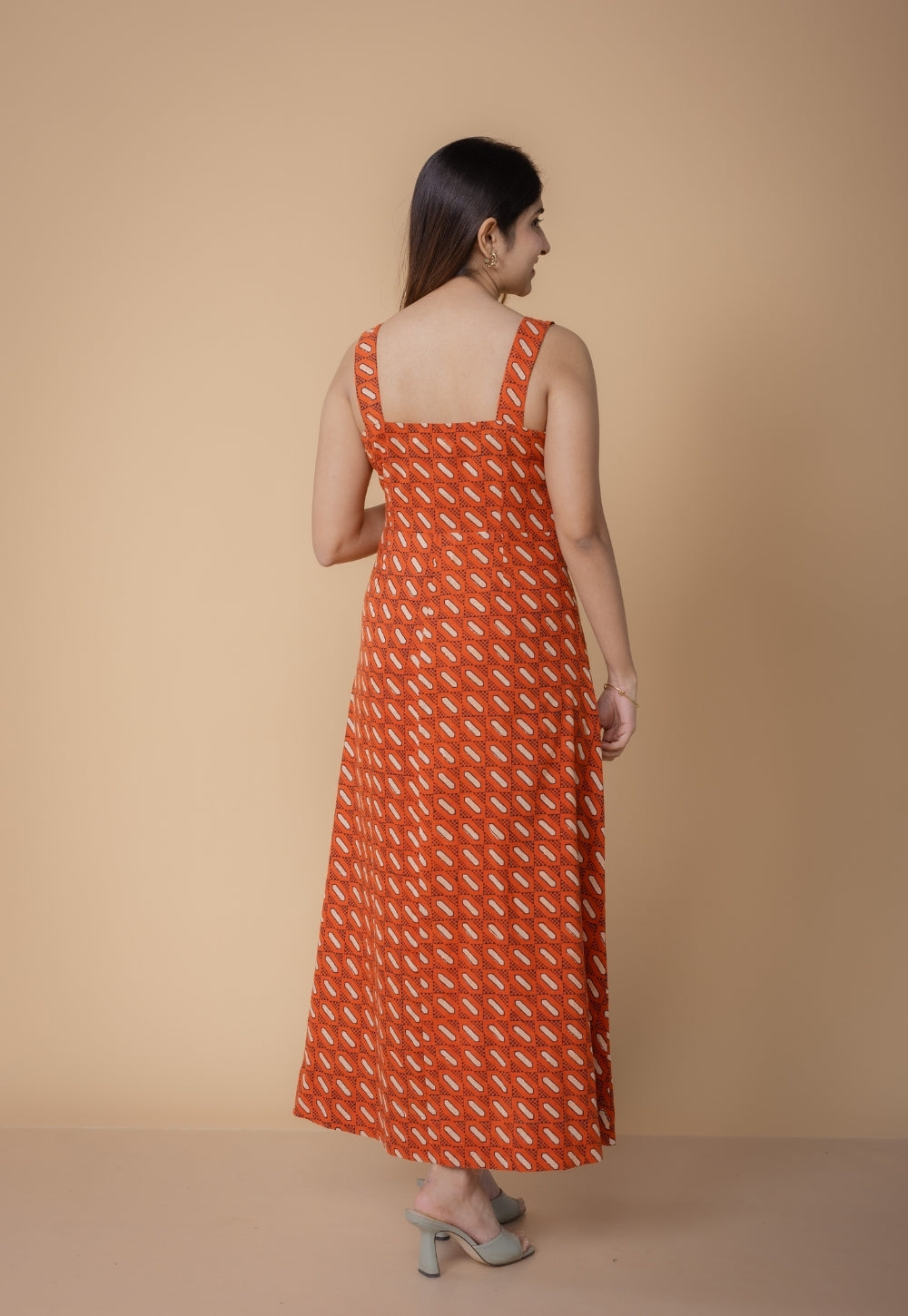 Shanaya Orange Dabu Slub Cotton A Line Dress