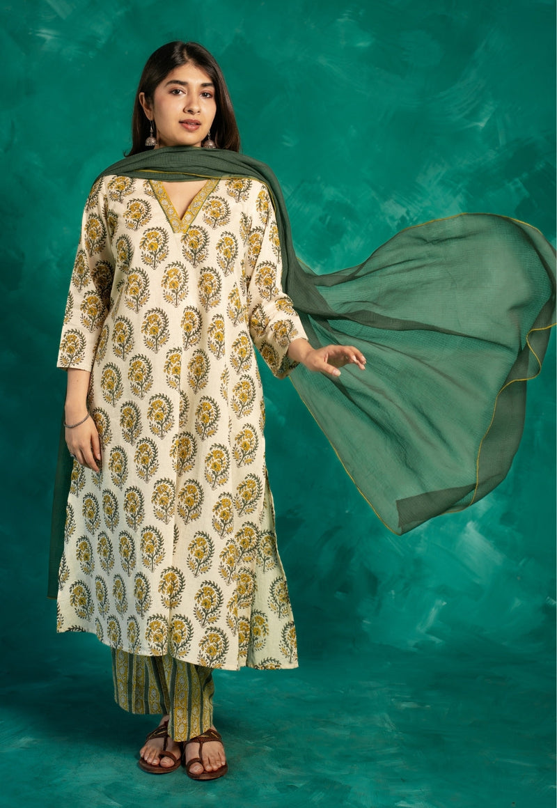 Vinita Yellow Bagru Cotton A Line Kurta