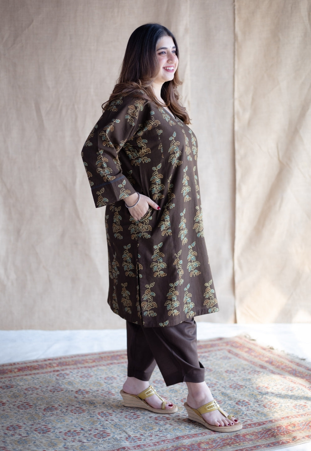 Saisha Brown Ajrakh Cotton Jhabbha Kali Kurta with Hand Embroidery