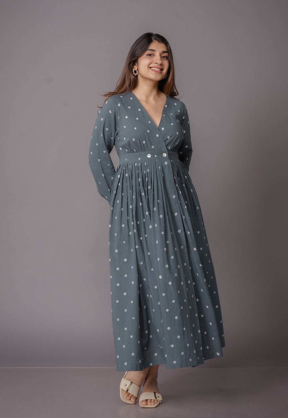Kimaya Grey Bandhani Cotton A Line Dress