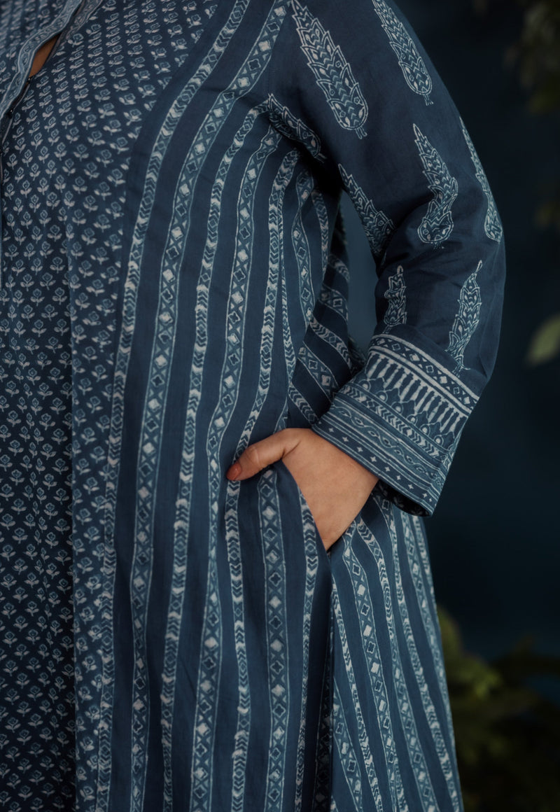 Hitika Blue Ajrakh Cotton Kali Kurta