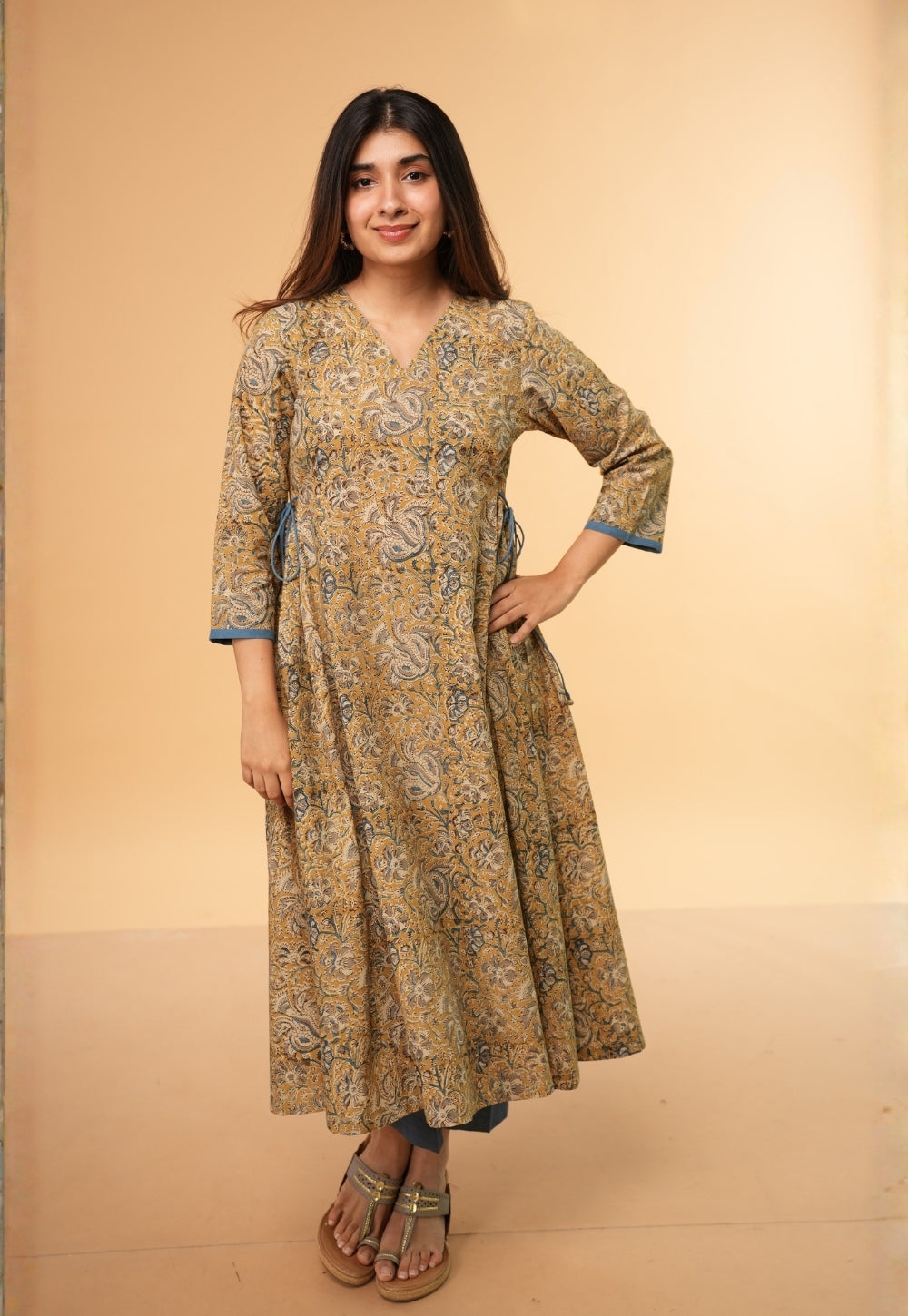 Gazala Yellow Kalamkari Cotton Kali Kurta