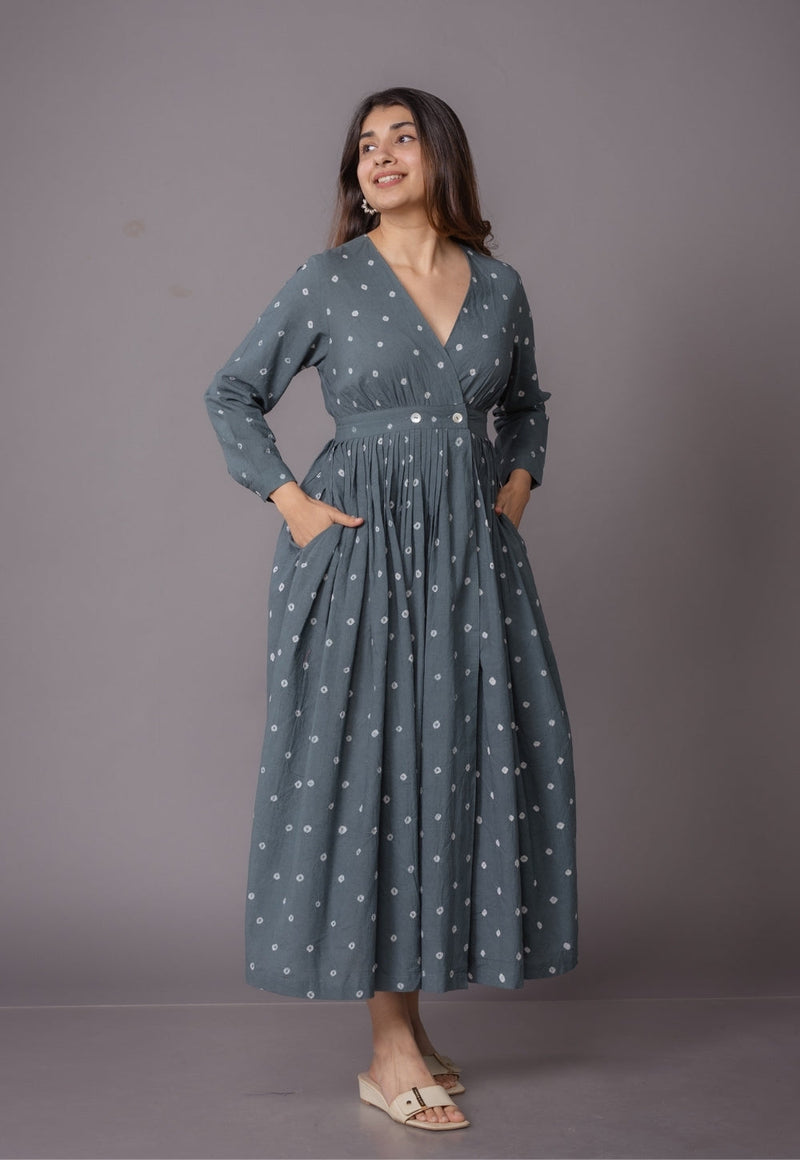 Kimaya Grey Bandhani Cotton A Line Dress
