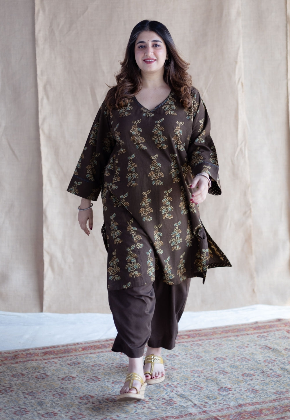 Saisha Brown Ajrakh Cotton Jhabbha Kali Kurta with Hand Embroidery