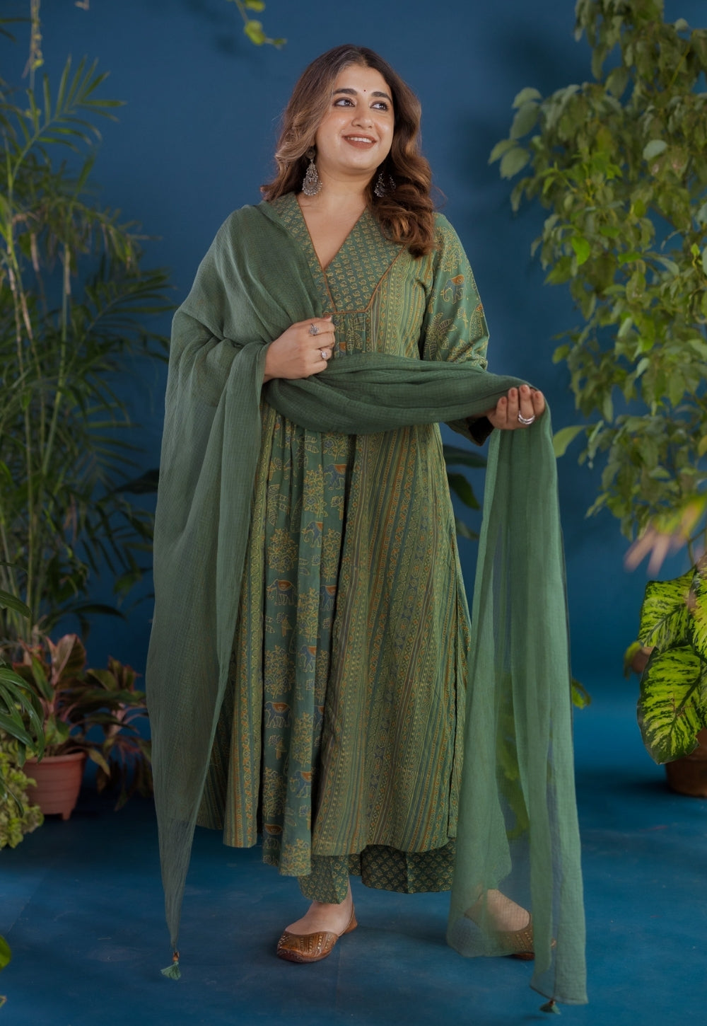 Vrinda Green Ajrakh Cotton Kali Kurta