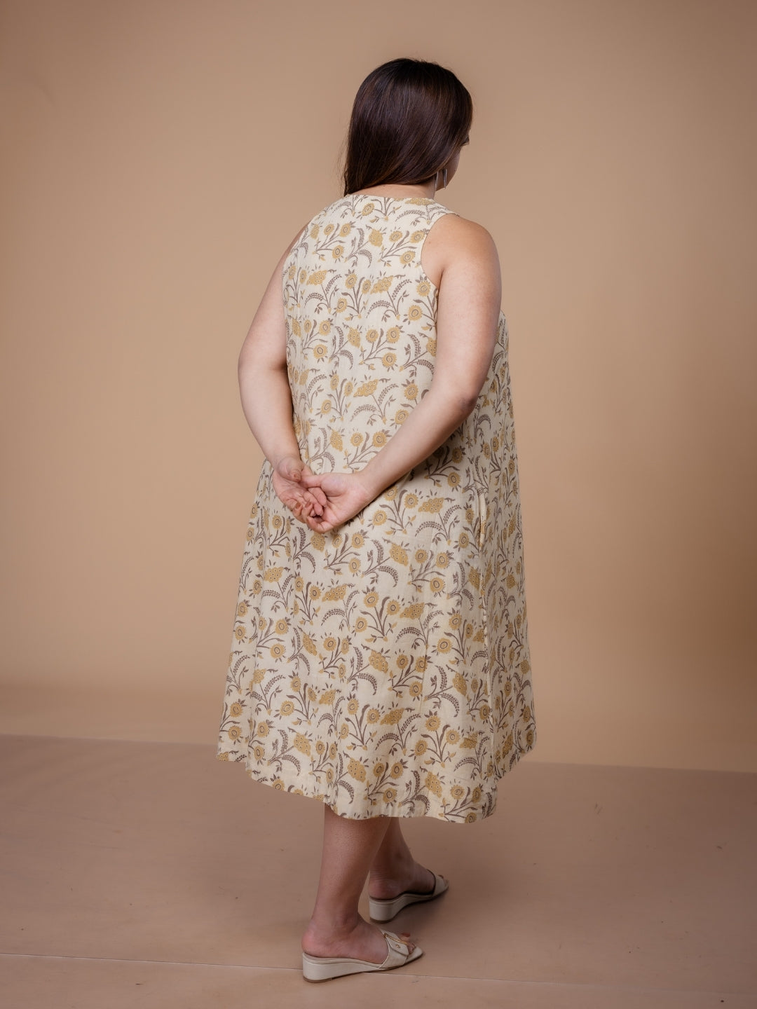 Eira Beige Ajrakh Cotton A Line Dress
