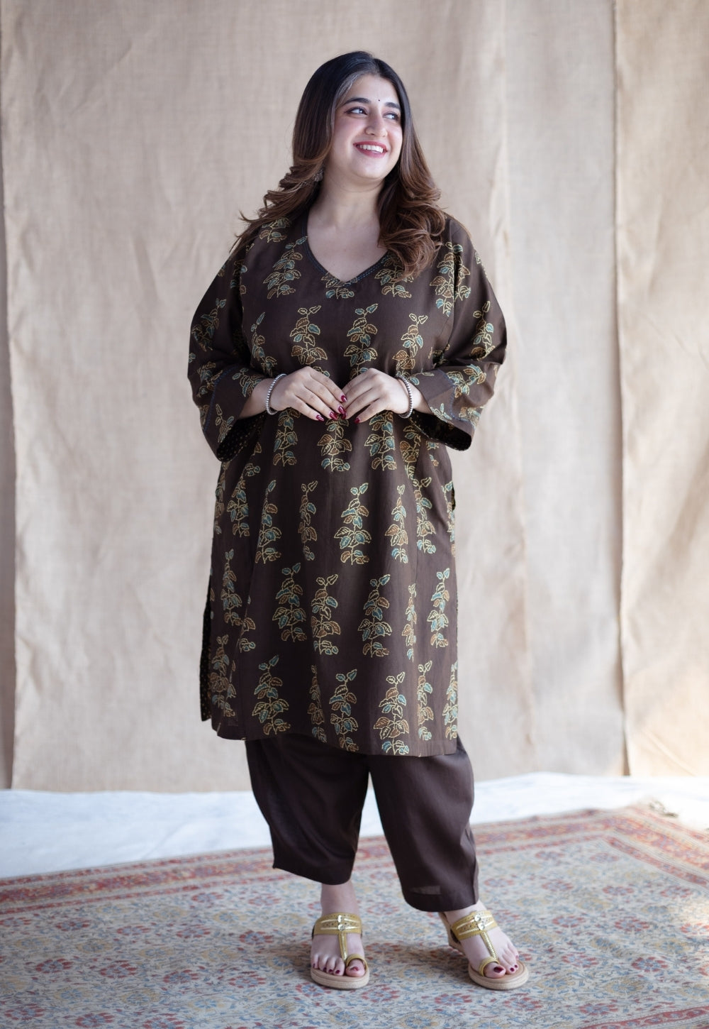 Saisha Brown Ajrakh Cotton Jhabbha Kali Kurta with Hand Embroidery