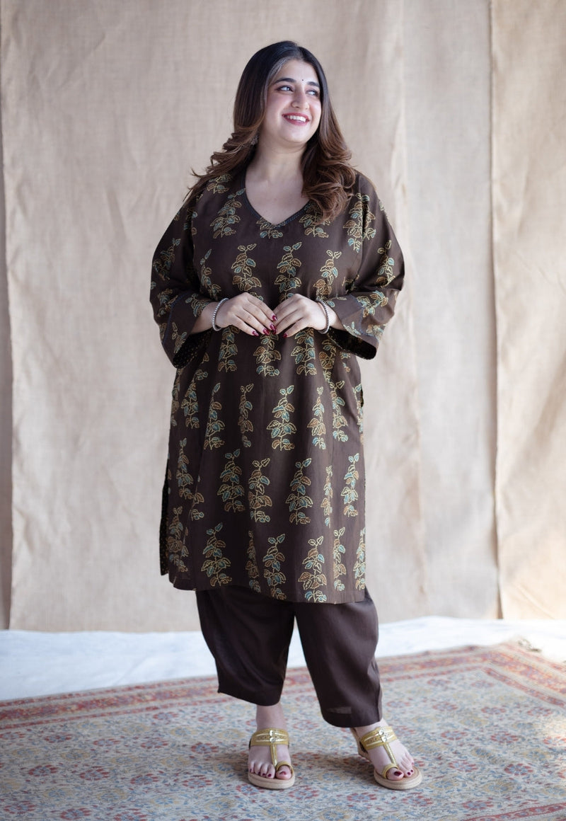 Saisha Brown Ajrakh Cotton Jhabbha Kali Kurta with Hand Embroidery