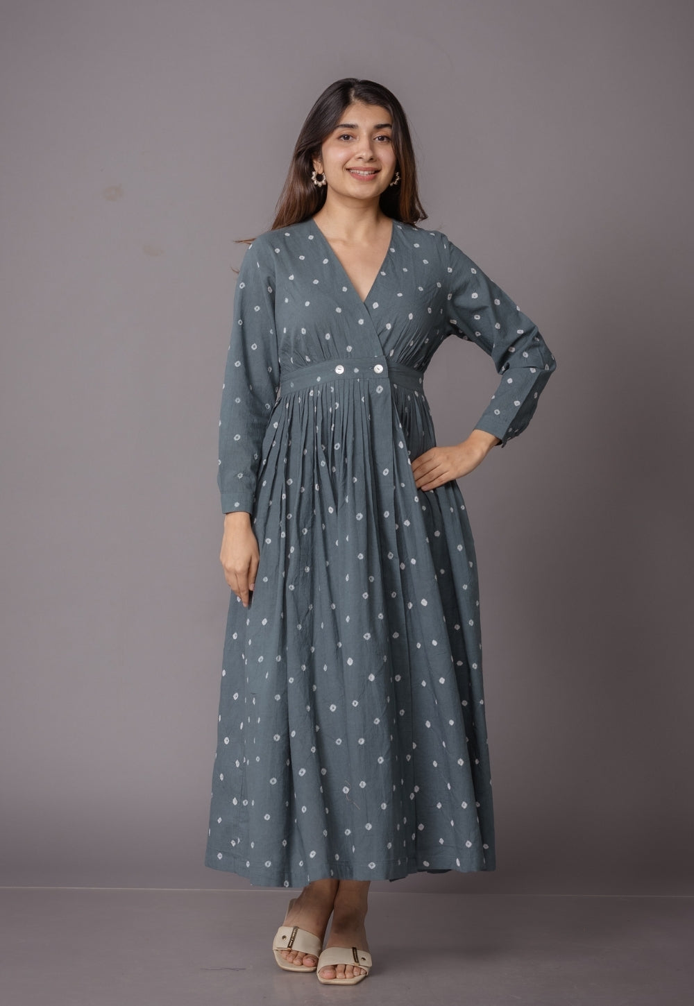Kimaya Grey Bandhani Cotton A Line Dress
