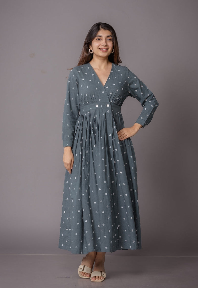 Kimaya Grey Bandhani Cotton A Line Dress