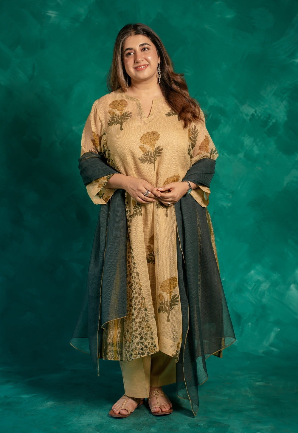 Nyra Beige Bagru Kota Doria Cotton Jhabbha Kali Kurta with Slip